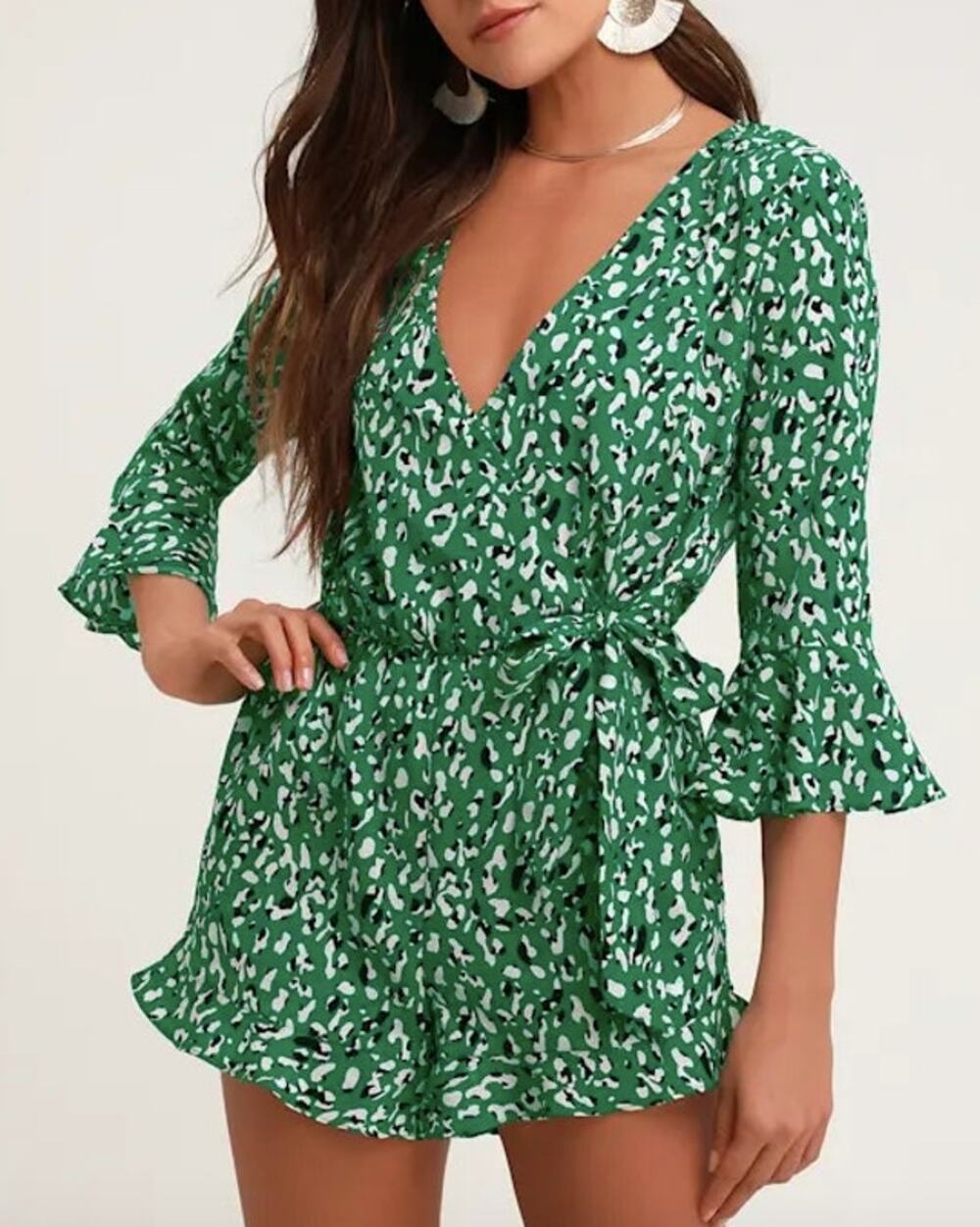 Lulus NWT Make Moves Green and Black Print Flounce Sleeve Romper Size S